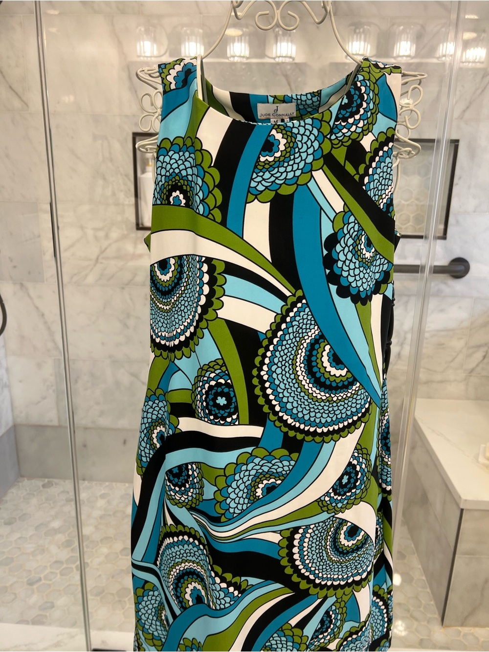 Jude Connally Teal, Olive Green & Black Floral Sheath Dress.  Sz. M. EUC